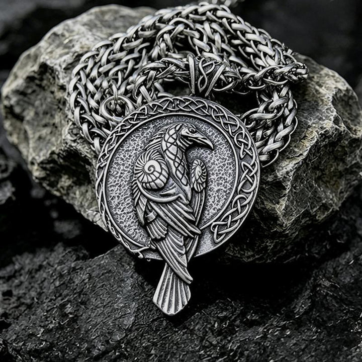 WorldNorse Double Sided Antique Odin Raven Celtic Knot Necklace - Retro Silver - Wheat Chain - image 2