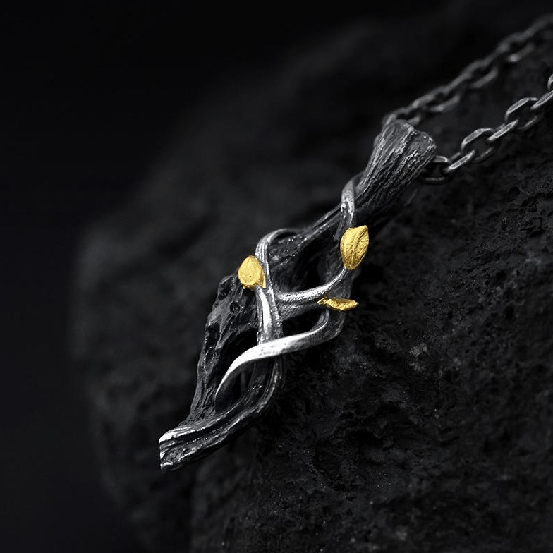 WorldNorse Handcrafted 999 Silver Withered Wood Twisted Vine Gold Leaf Necklace - image 4