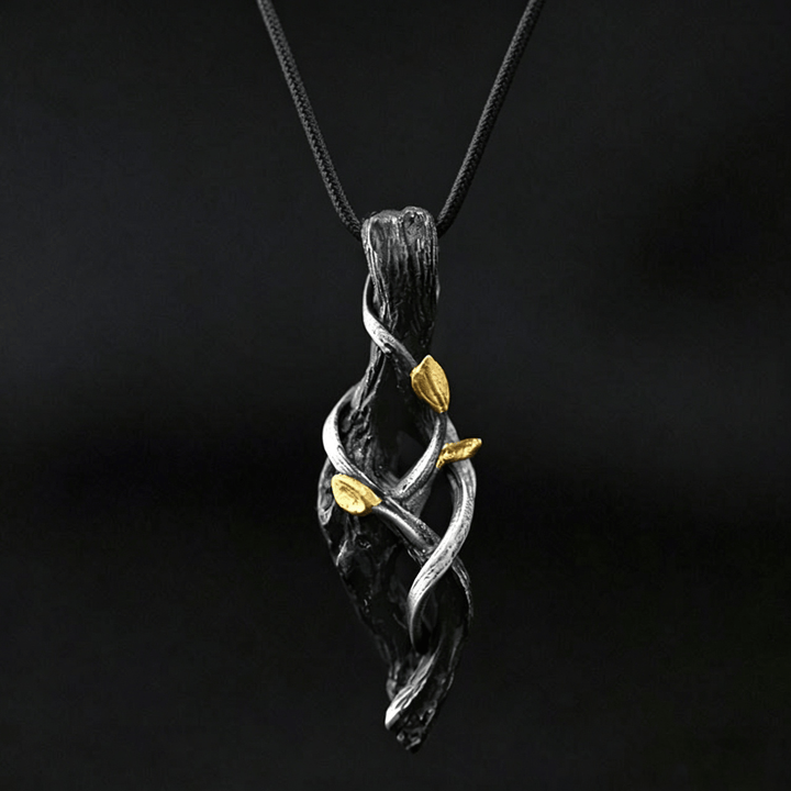 WorldNorse Handcrafted 999 Silver Withered Wood Twisted Vine Gold Leaf Necklace - With 55cm Waxed Rope - image 1