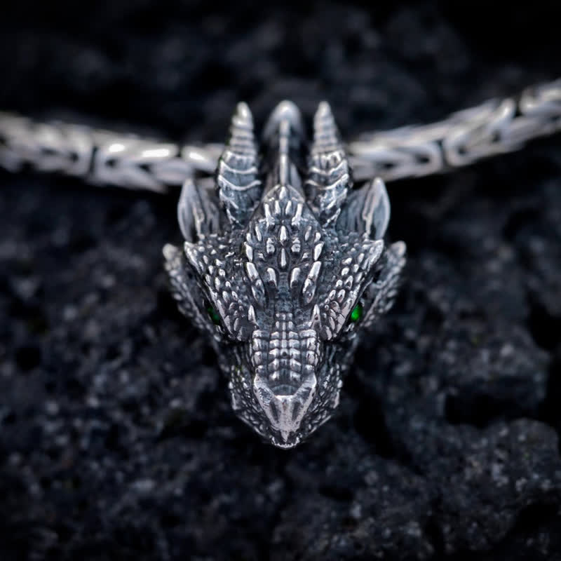 WorldNorse Men's Viking Green Eye Dragon Head Necklace