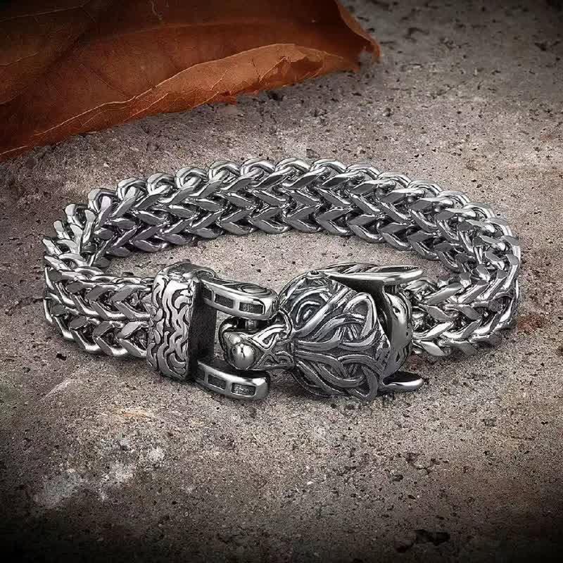 WorldNorse Men's Viking Silver Wolf Head Bracelet